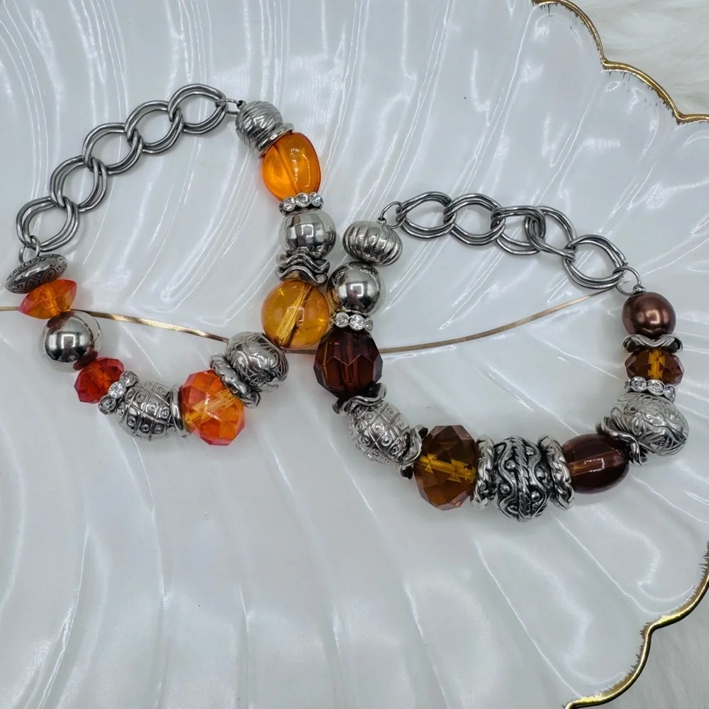 Autumn Amber & Silver Charm Bracelet Set – Chunky Beaded Stretch